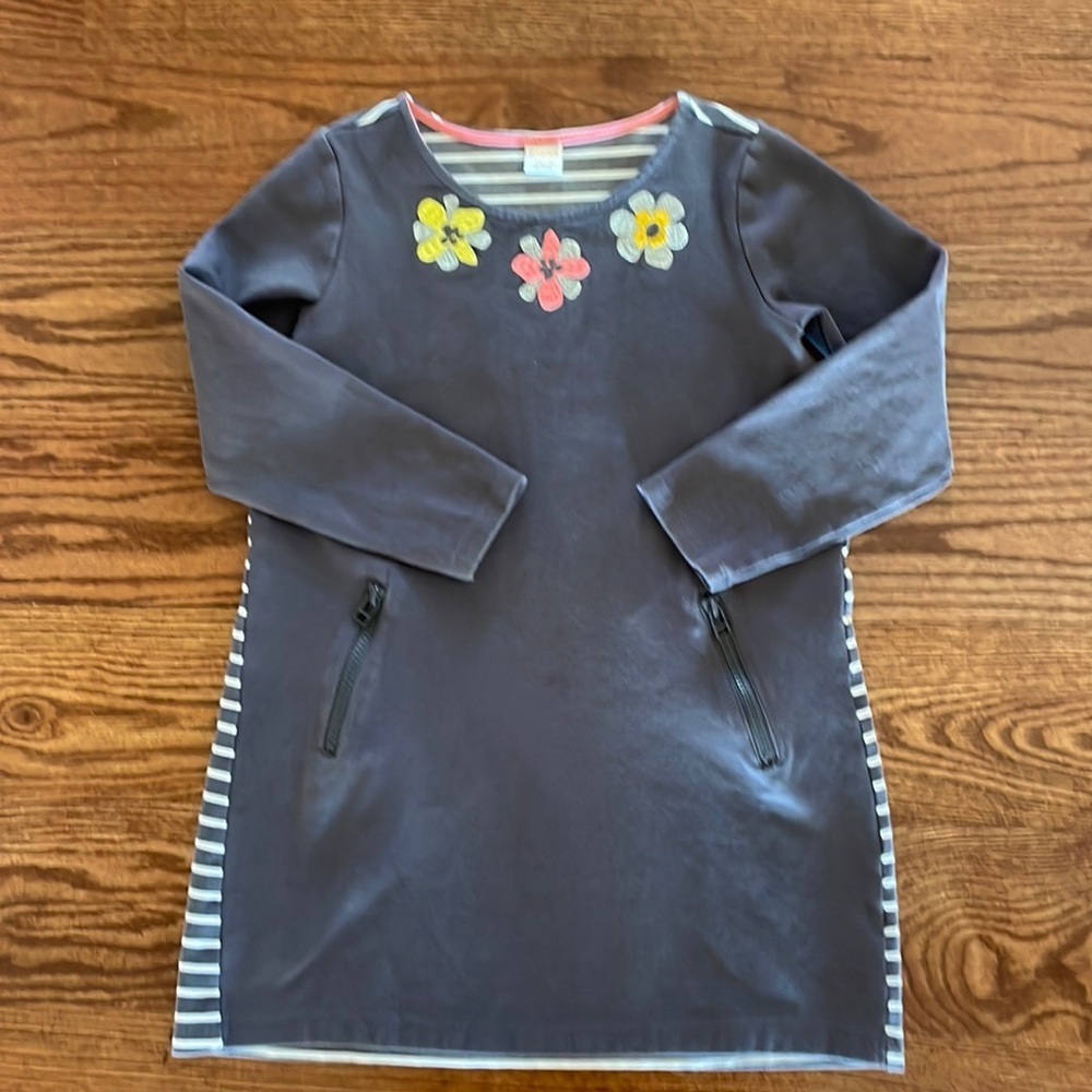 Gymboree girls embroidered flower stripe fleece dress gray white 7/8 med
